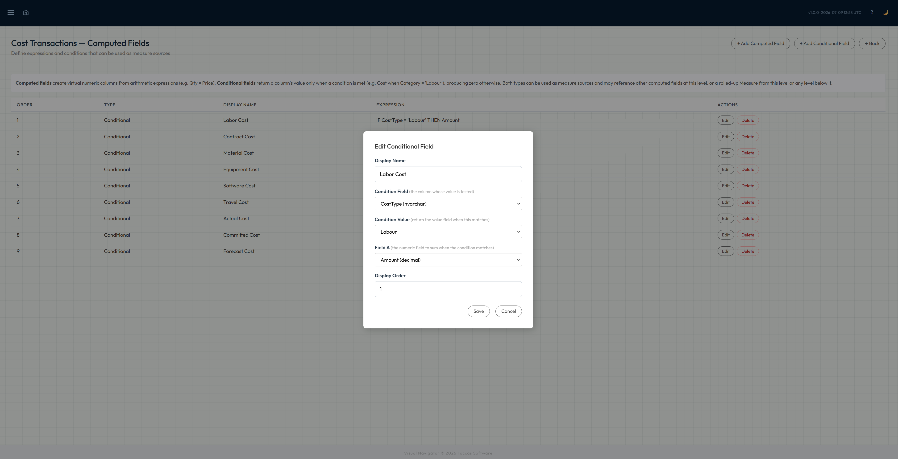 Navi conditional computed field setup showing a Labour Cost value returned when Cost Type is Labour
