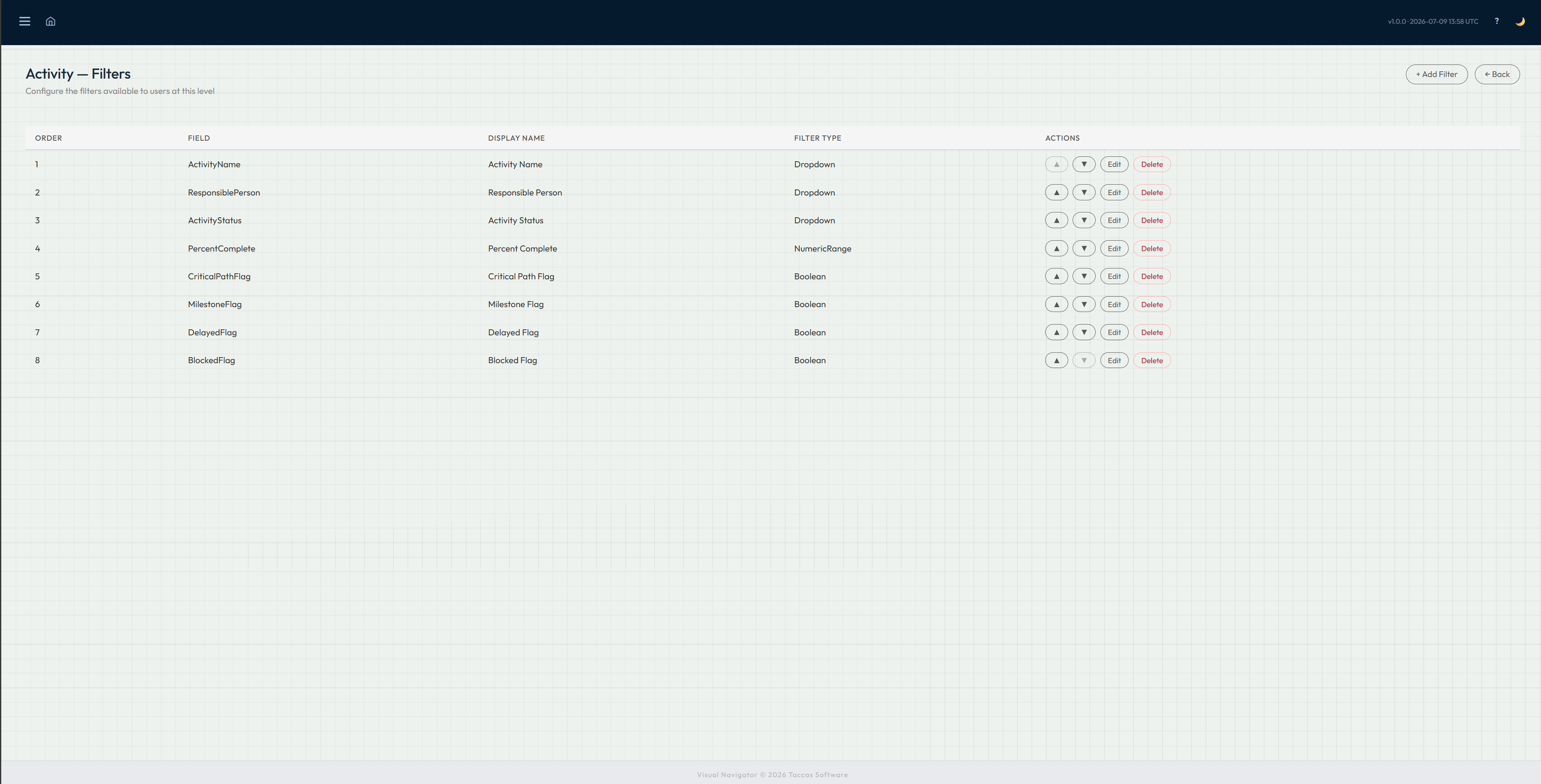 Navi filter setup showing dropdown, number range and yes-or-no filters with display names and order