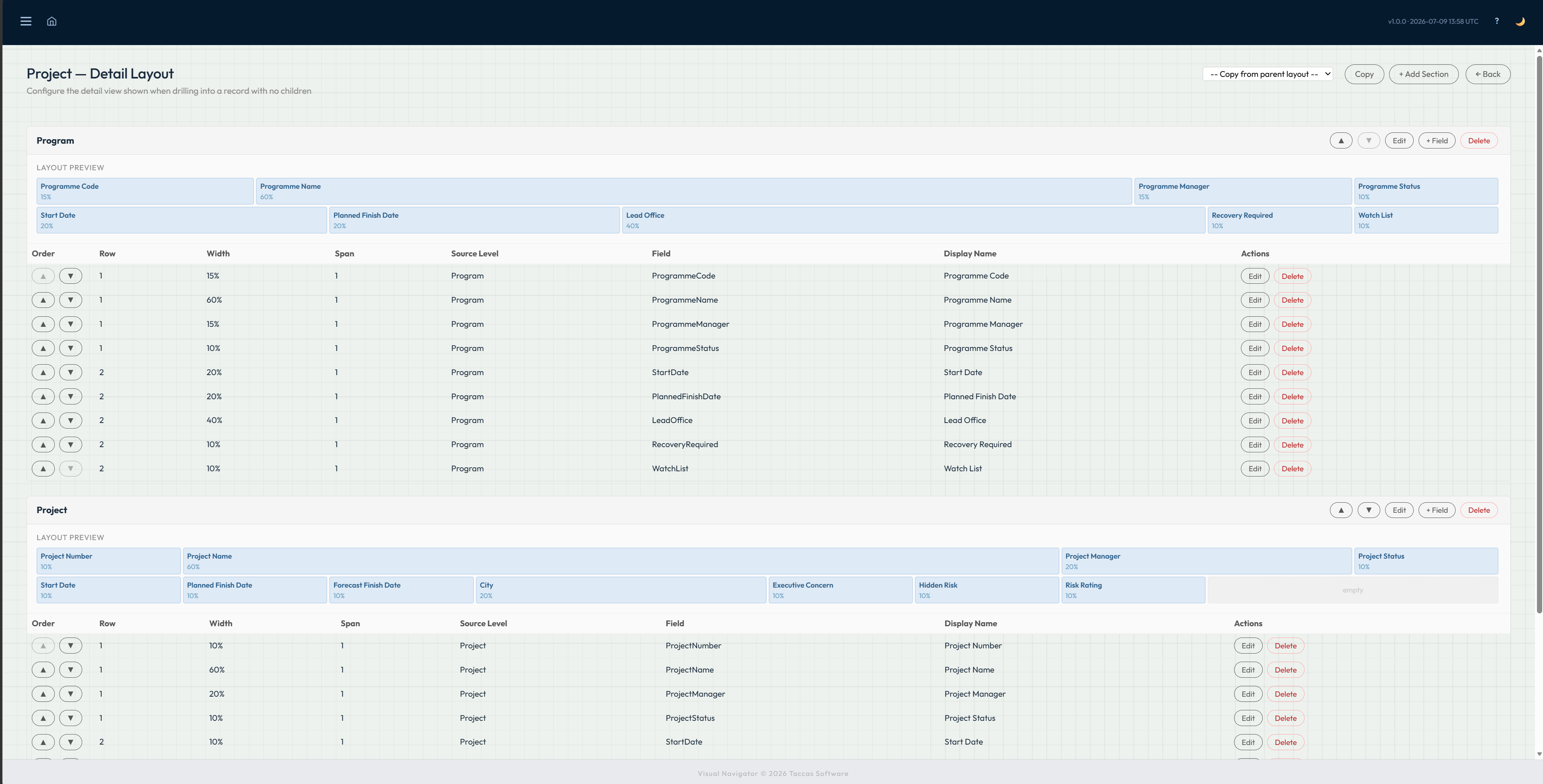 Navi detail page builder showing sections, field positions and a live layout preview