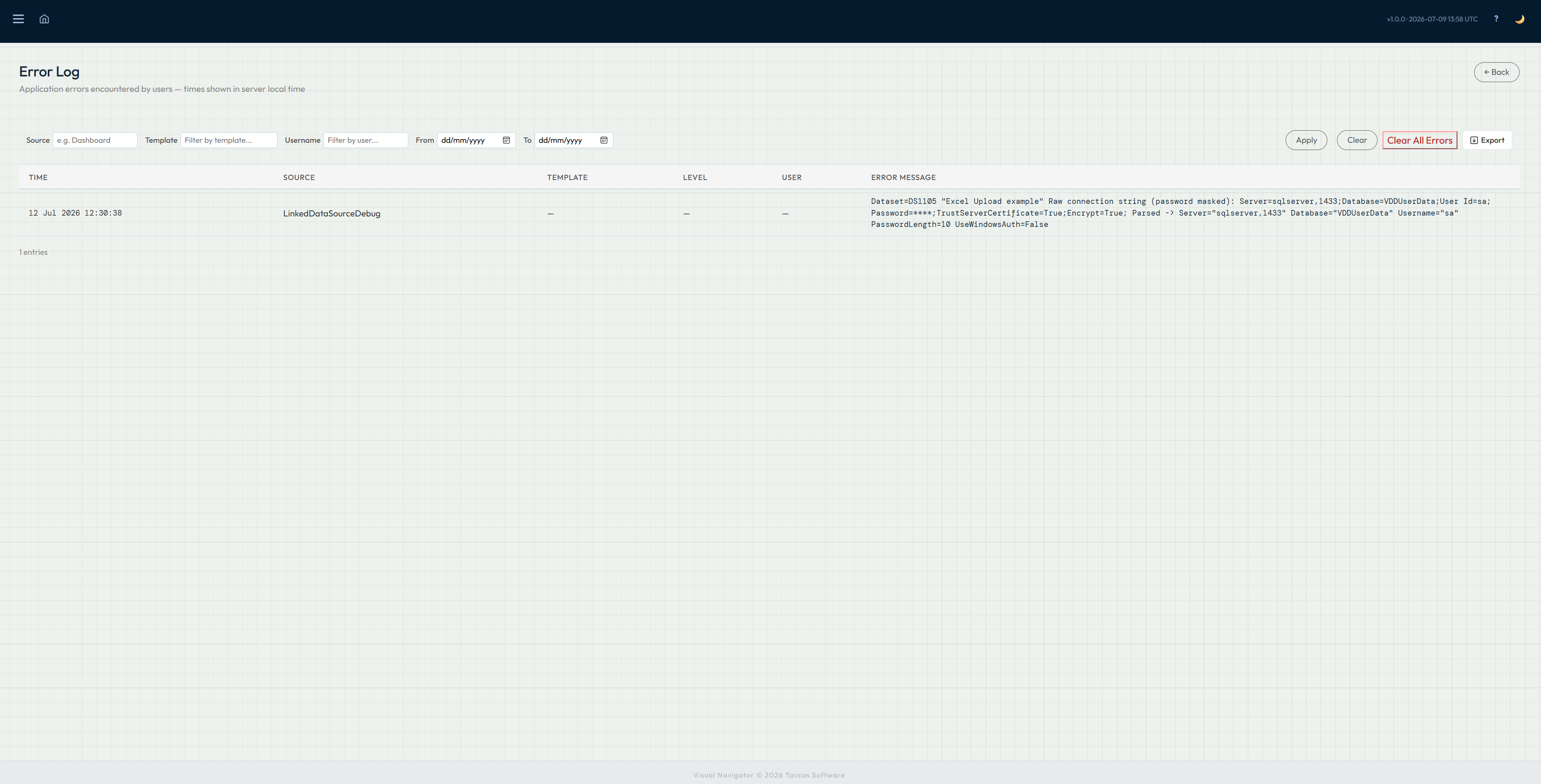 Navi Error Log showing an application error with filters and export controls