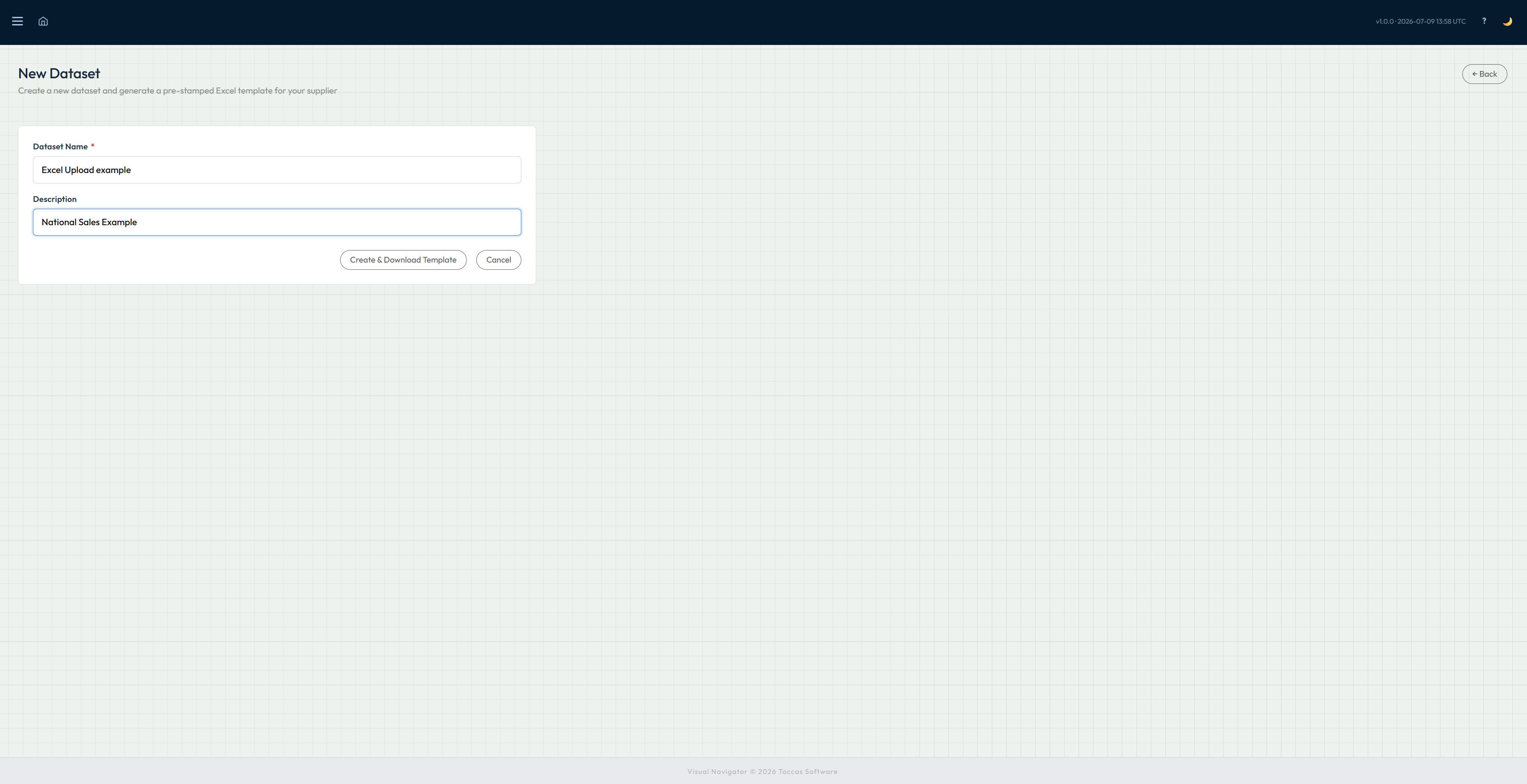 New Dataset screen in Navi with a name, description and Create and Download Template button