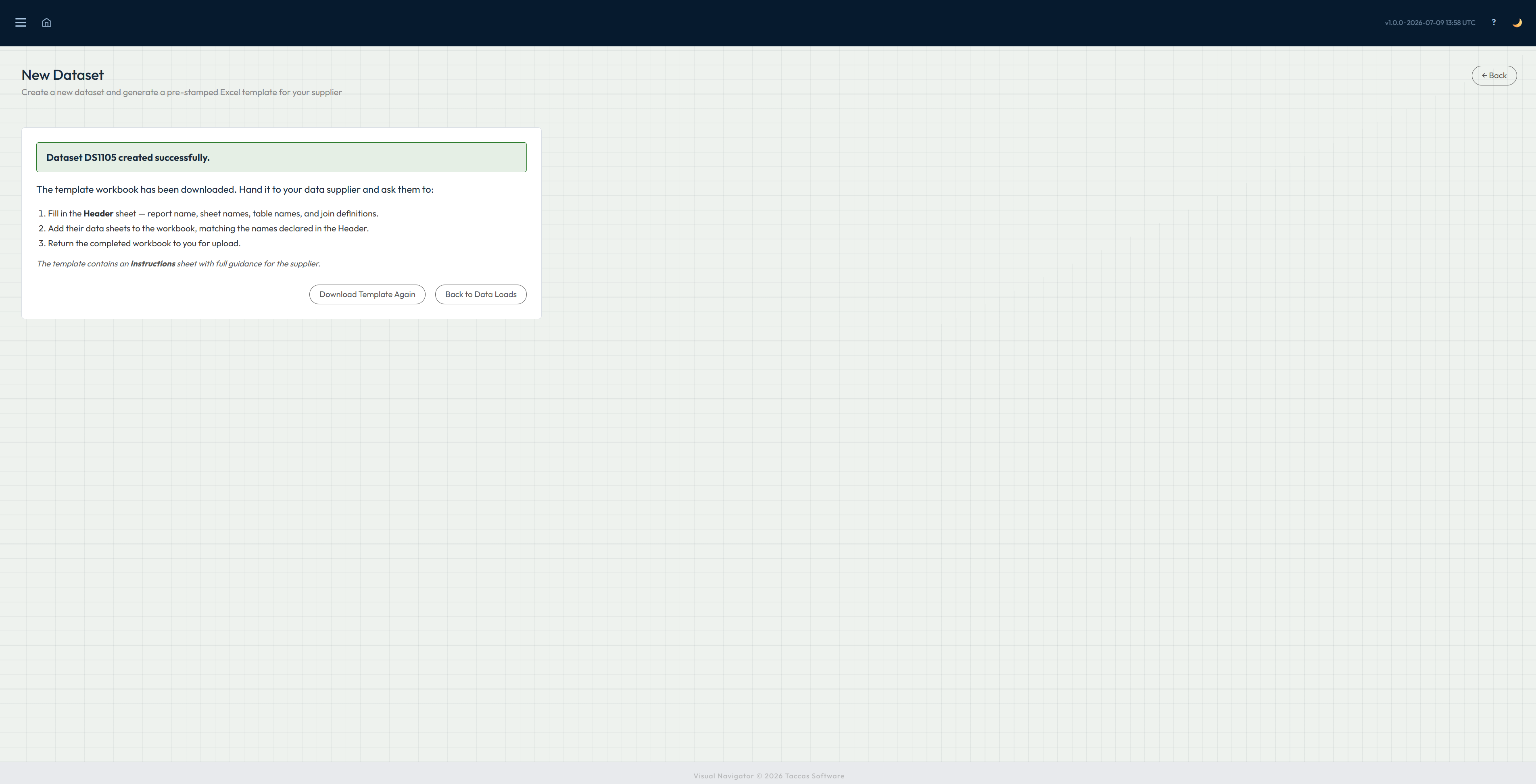 Navi confirmation that the dataset was created and its template workbook was downloaded