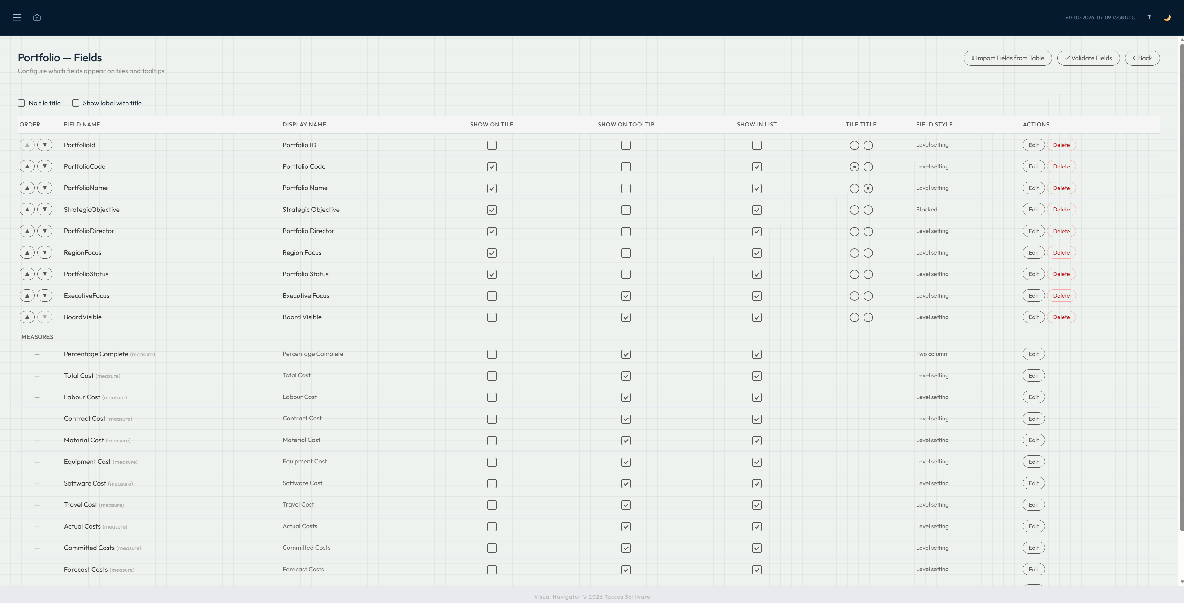 Navi screen for choosing which information appears on cards, tables and pop-up details