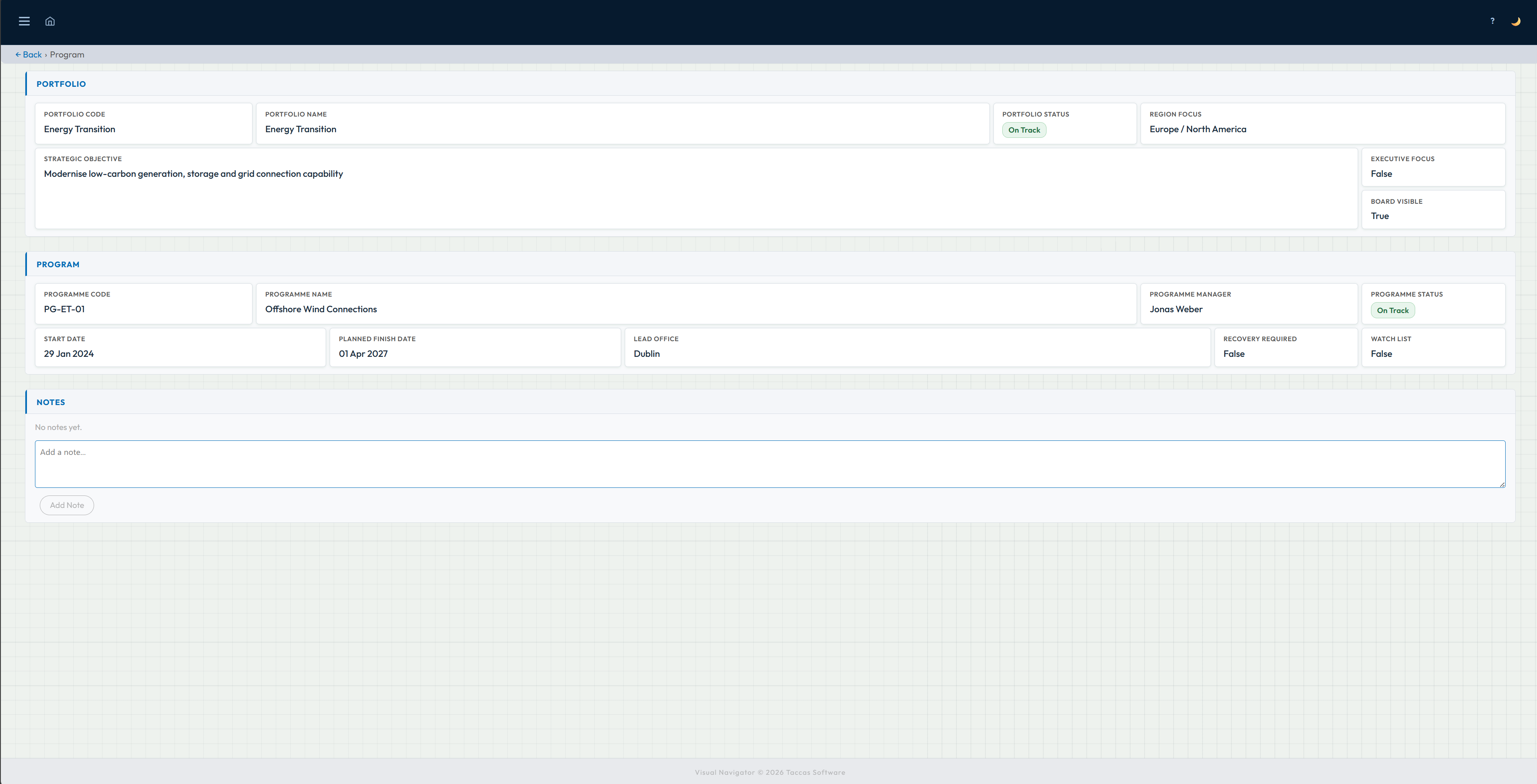 Finished Navi detail page showing portfolio and programme information arranged in sections with an empty Notes area