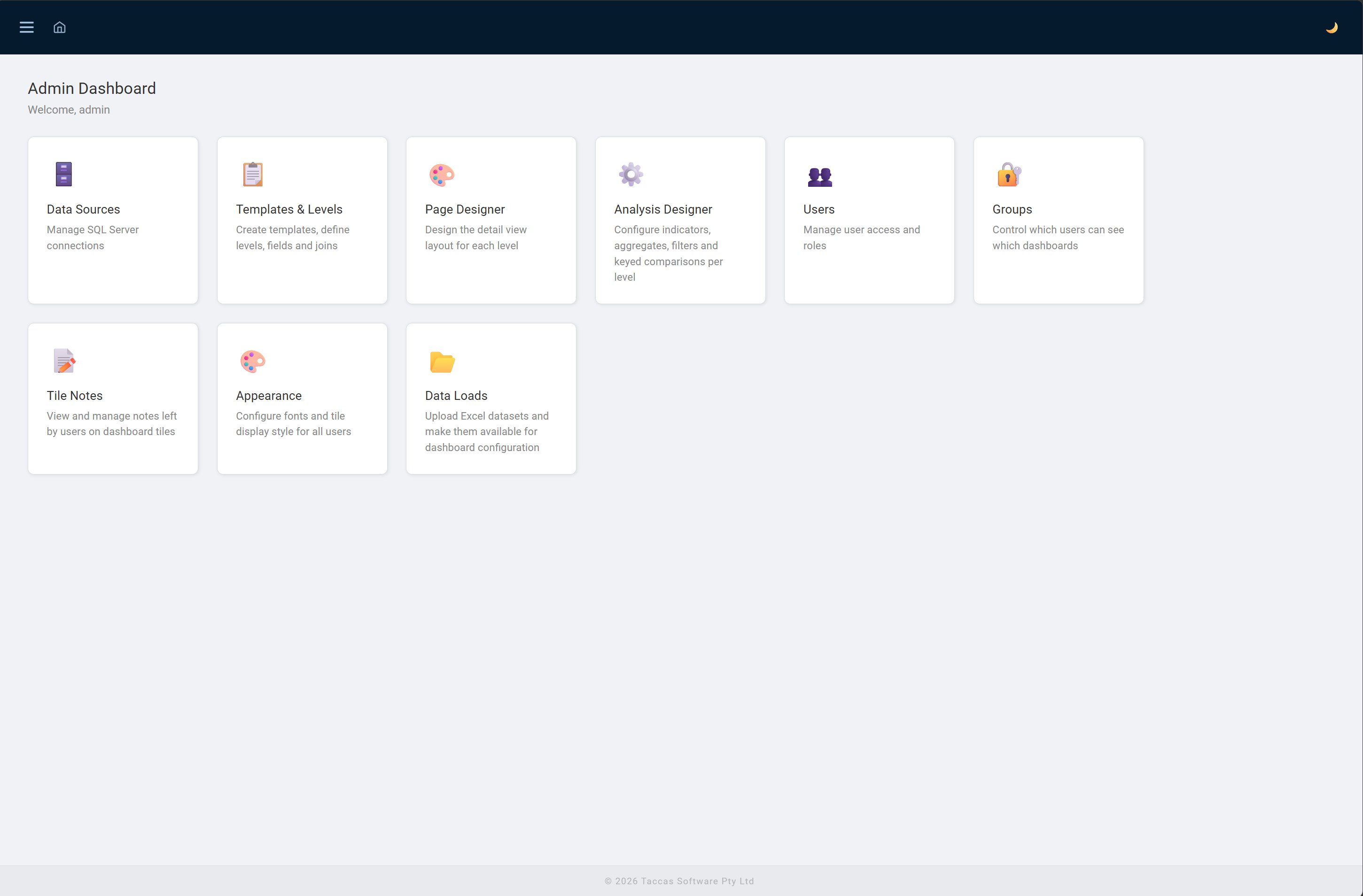 Admin dashboard showing all configuration modules as cards