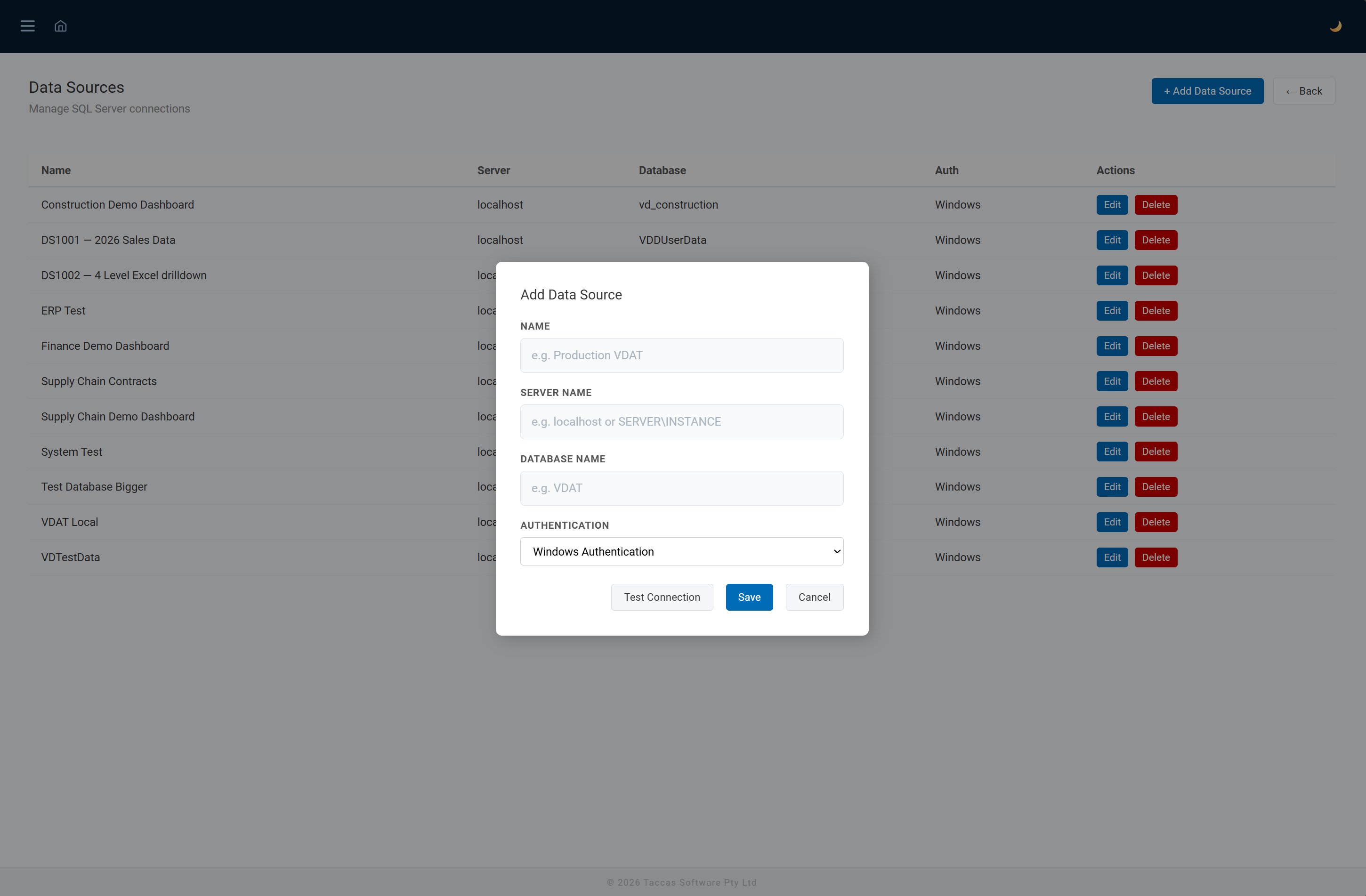 Data sources page showing list of connections with Add Data Source modal open