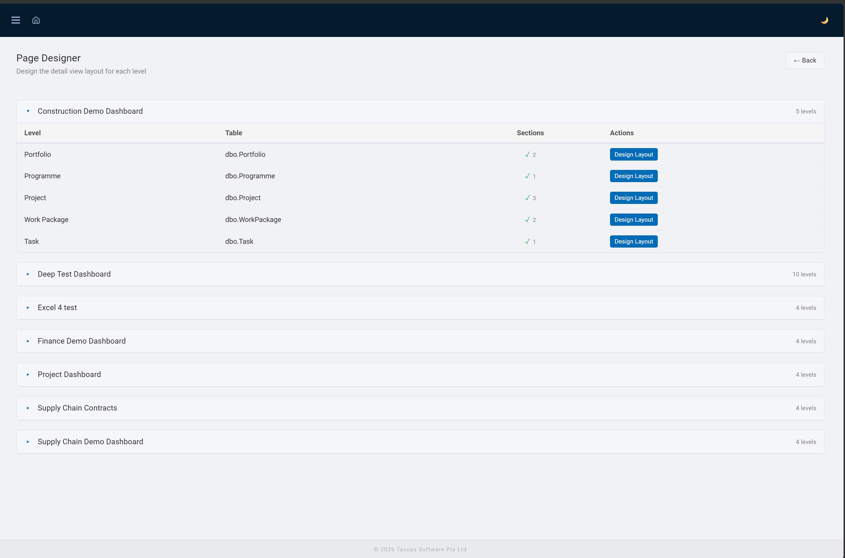 Portfolio detail layout editor with live preview showing field column widths