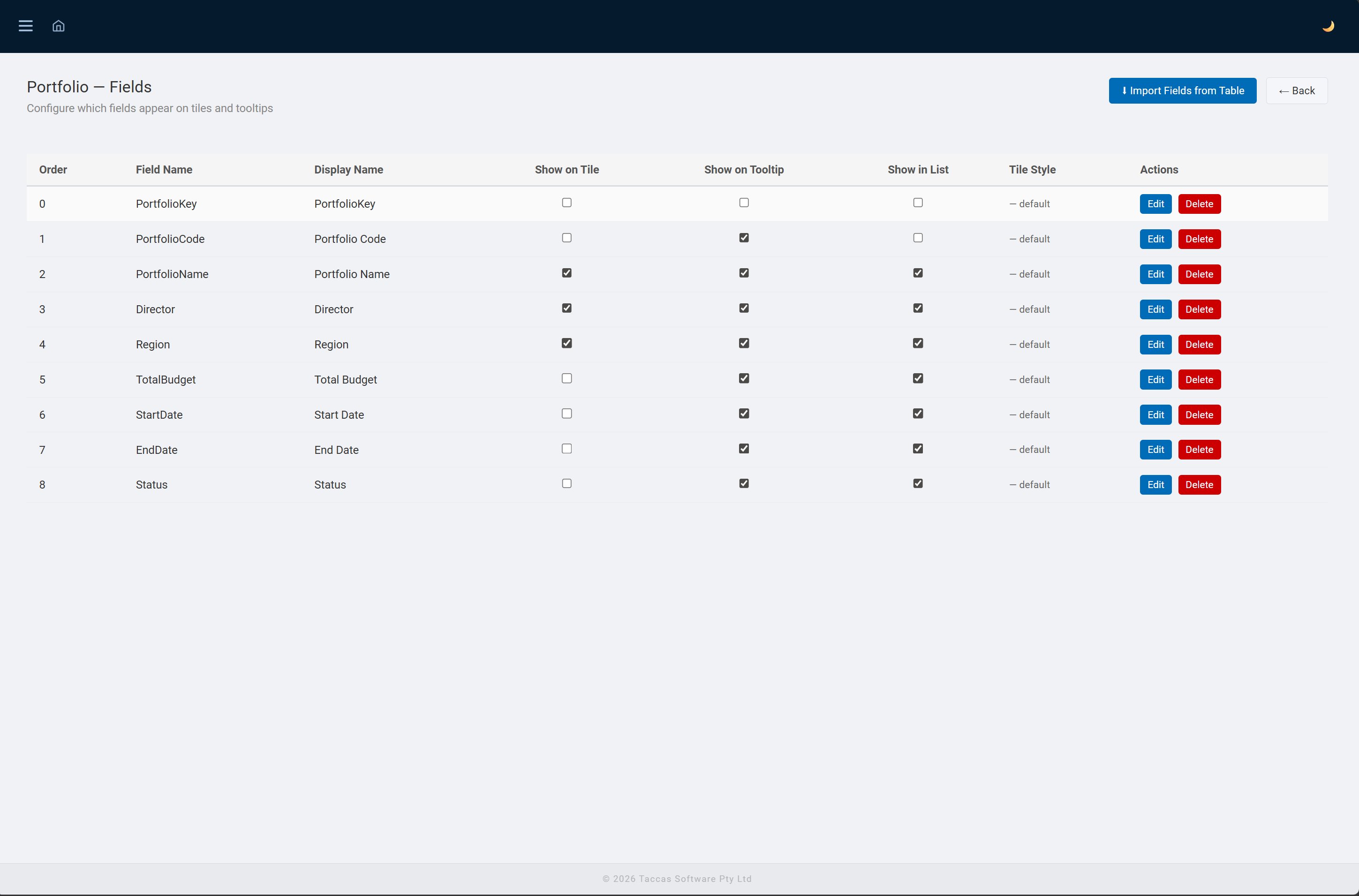 Portfolio fields configuration showing Show on Tile, Show on Tooltip and Show in List checkboxes per field