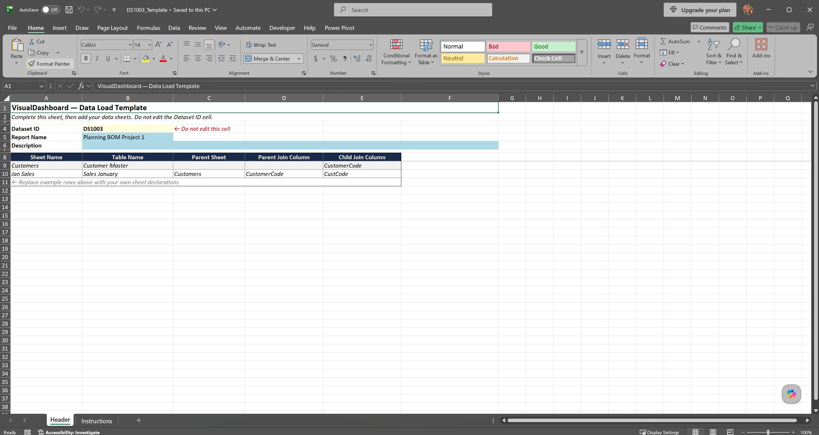 Excel template showing Header sheet with pre-stamped Dataset ID, Report Name field, and sheet declaration table with Parent Sheet and Join Column columns