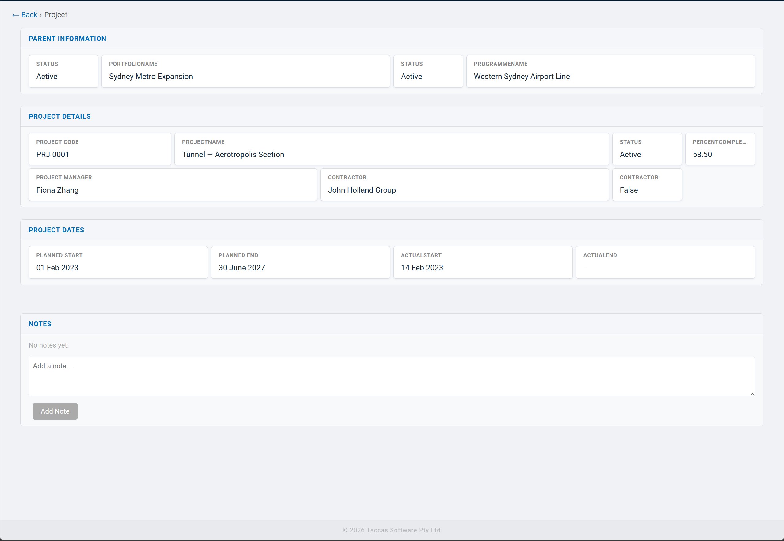 Portfolio list view showing all 20 projects with budget, dates, status and progress bar columns