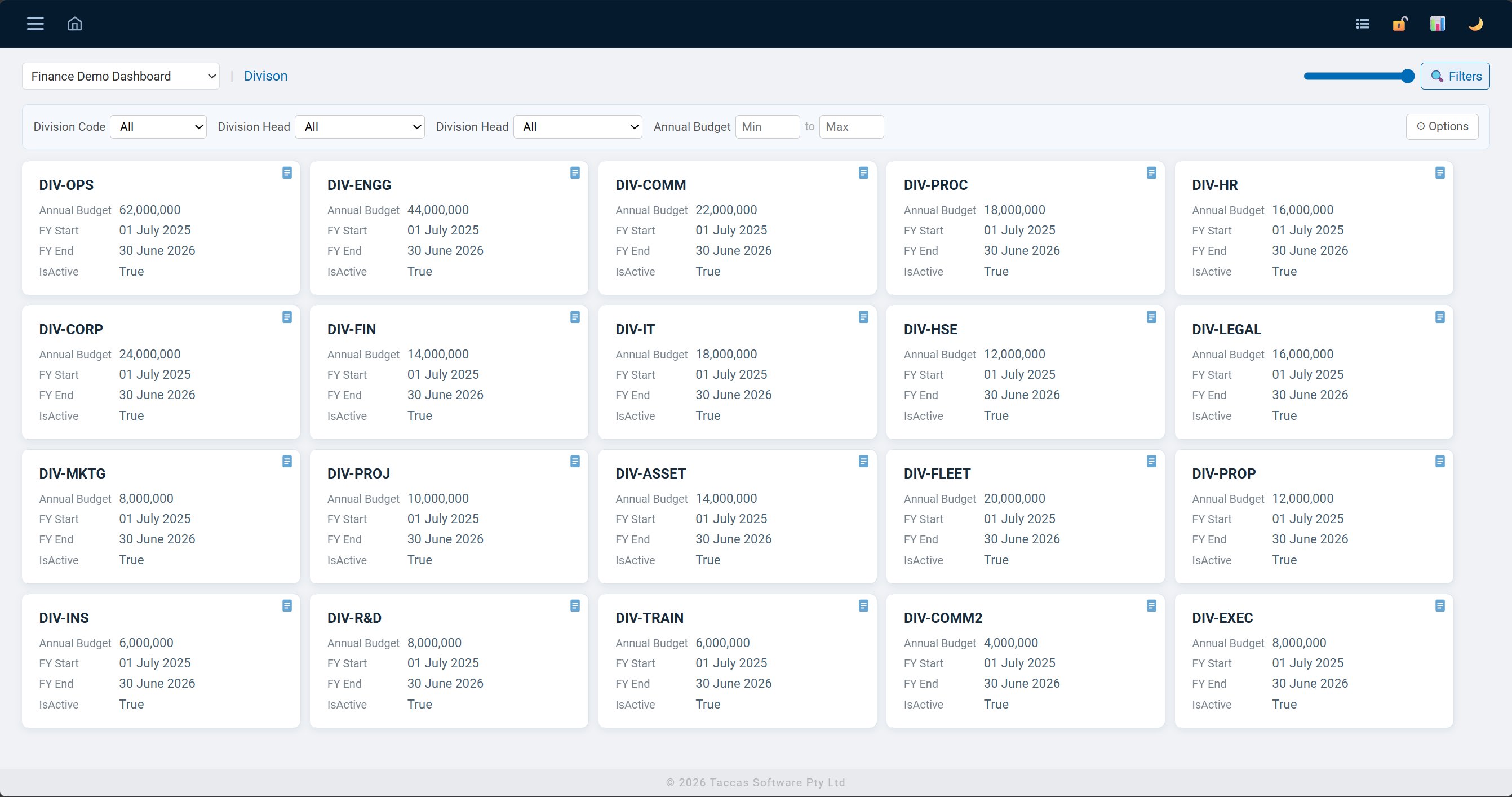 Finance division tile view