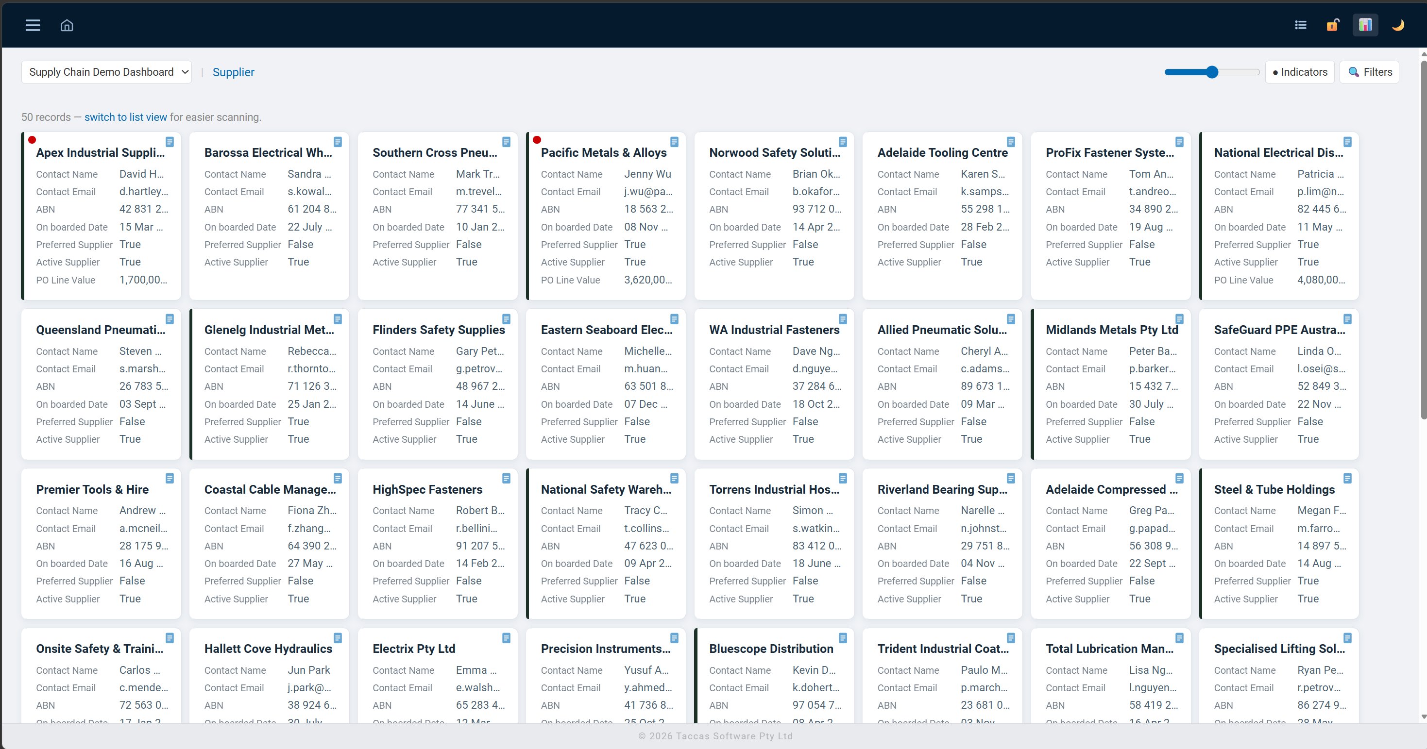 Supply chain supplier tile view