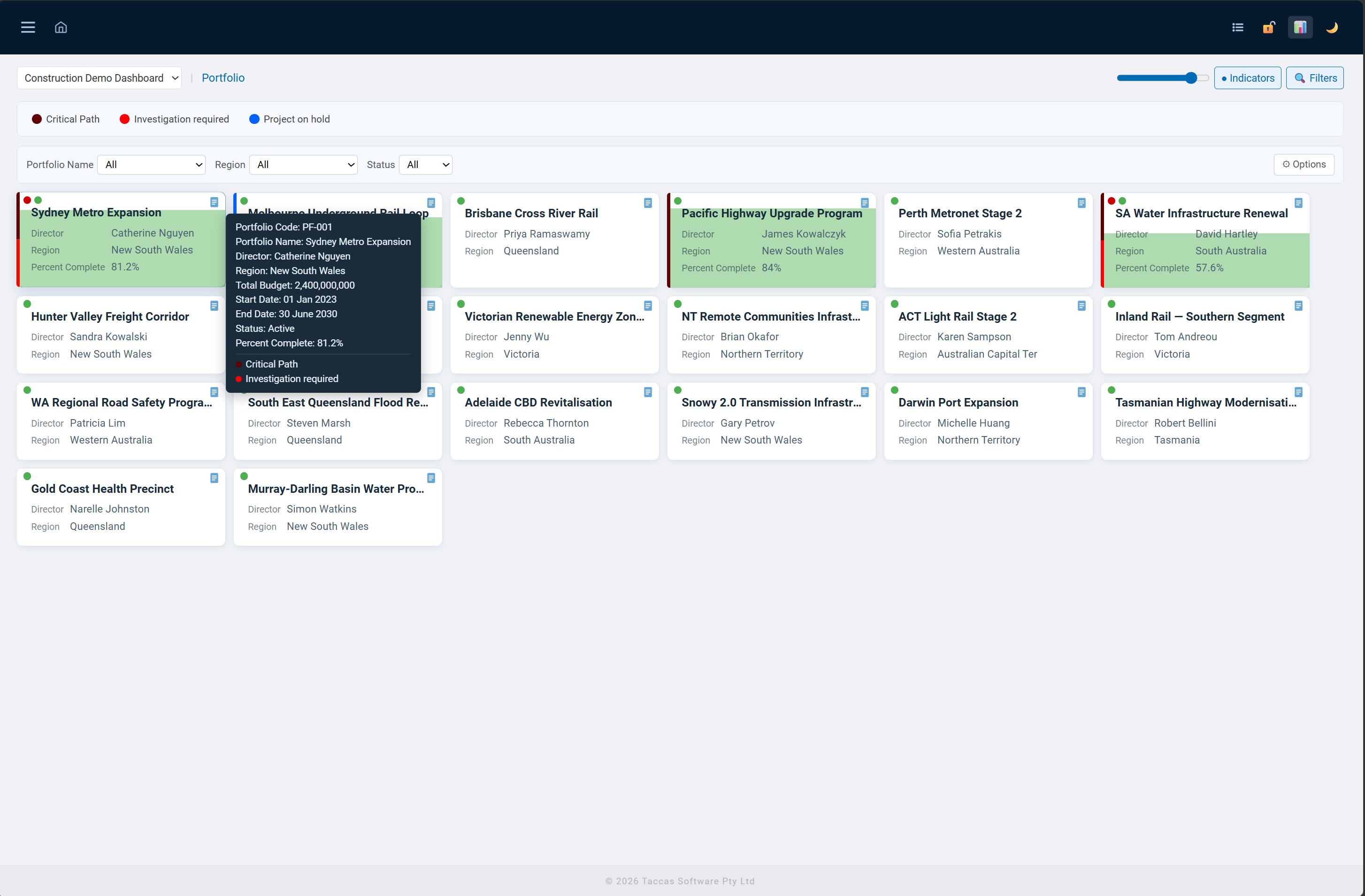Portfolio tile view with hover tooltip showing all configured fields and active indicator dots